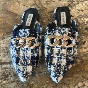 Steve Madden Tweed Mules with Gold Chain detail